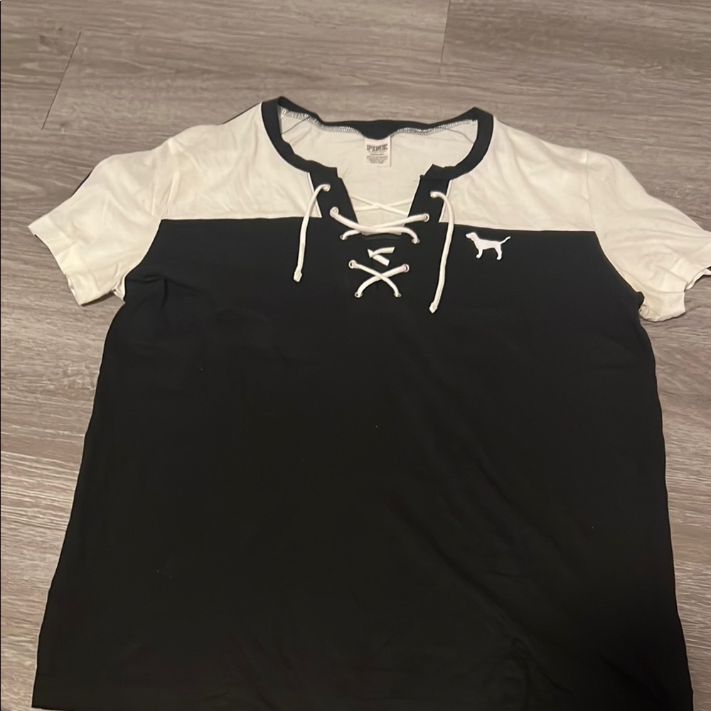 PINK Victoria's Secret Black and White Lace-Up Women's Top